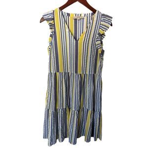 loft XS V Neck Babydoll striped tiered Feminine Cotton Ruffle Sleeve dress